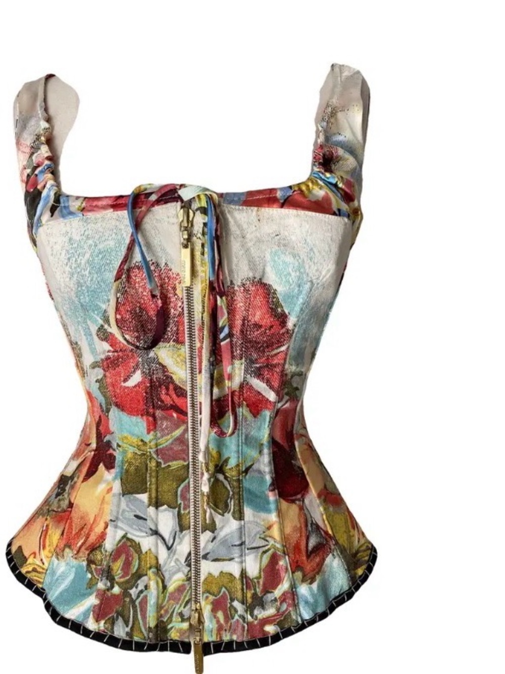 Roberto Cavalli Floral Zip-Front Corset Top in Red, Blue, Gold, White